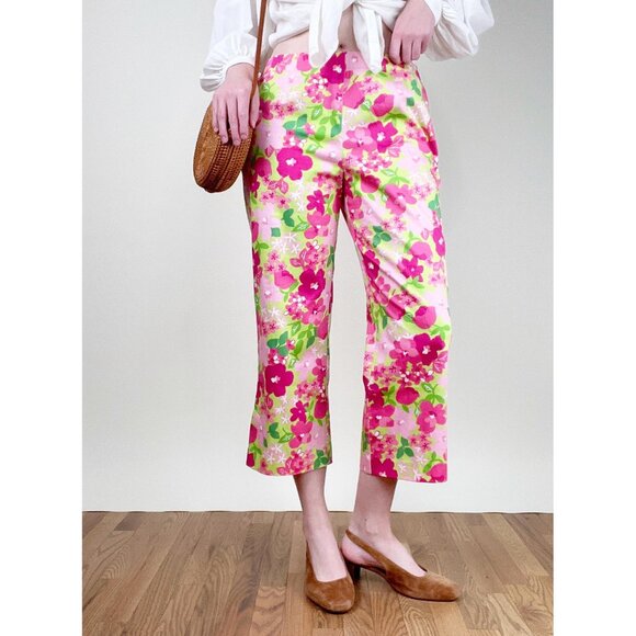 Vintage Floral Print Capris Cropped Trouser Wide Straight Leg Flare Summer Pants - Picture 9 of 10